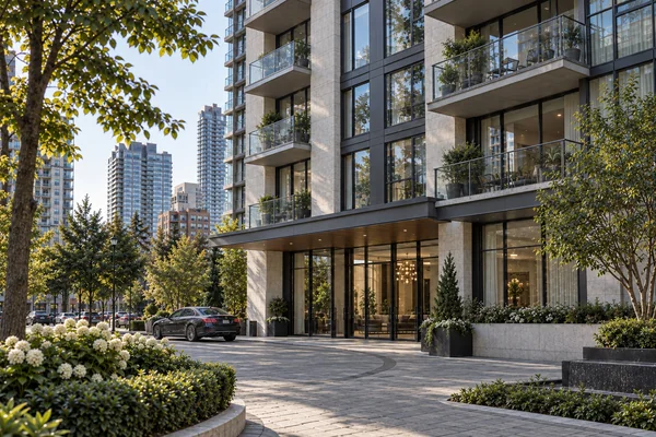 Luxury condominium tower with private balconies and a formal residential arrival court